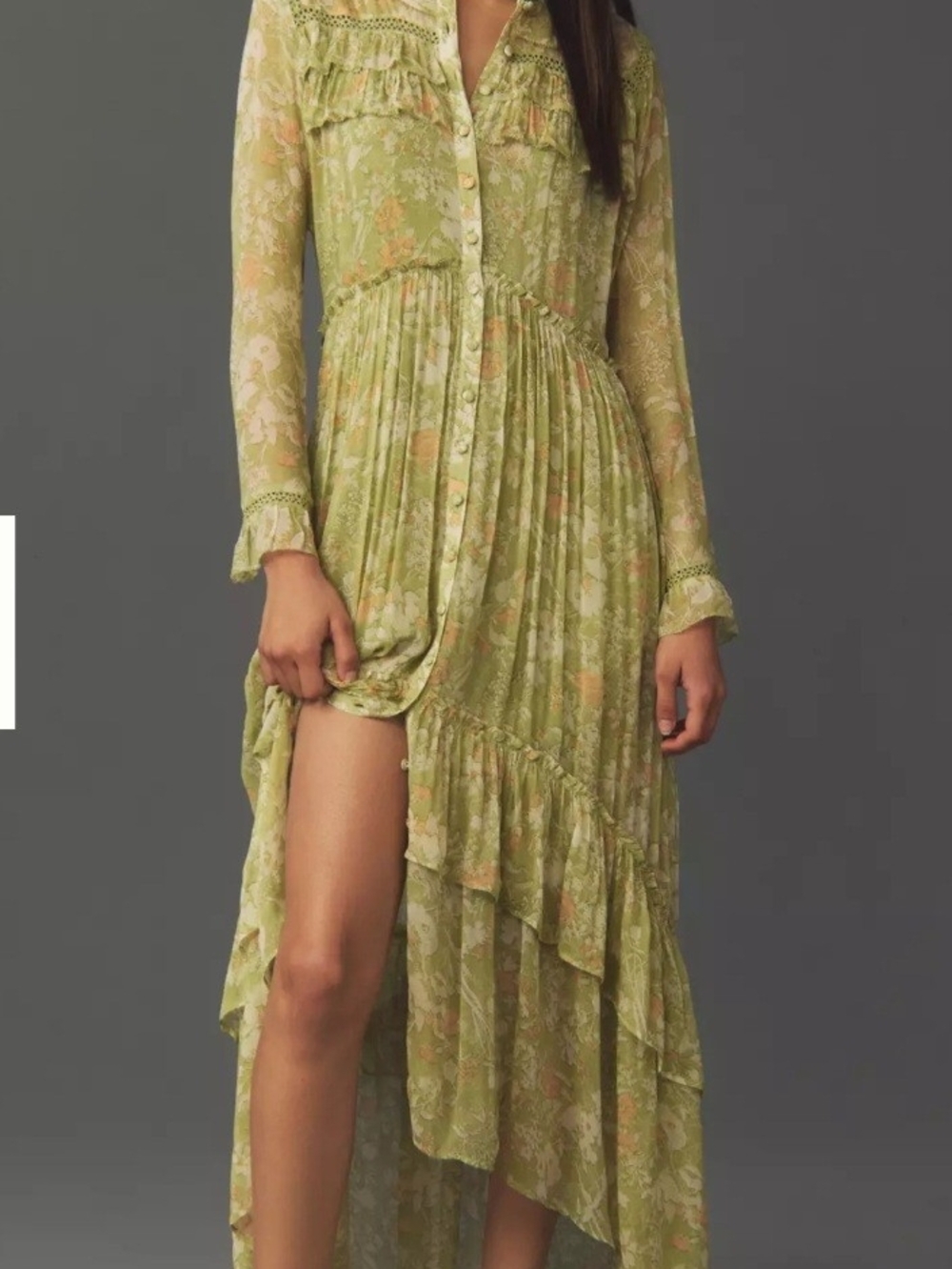 Anthropologie Olive Green Floral Ruffle Button-Front Maxi Dress